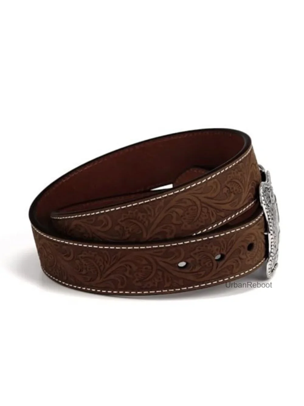 Men's Floral Embossed Genuine Leather Belt with Antique Silver Buckle
